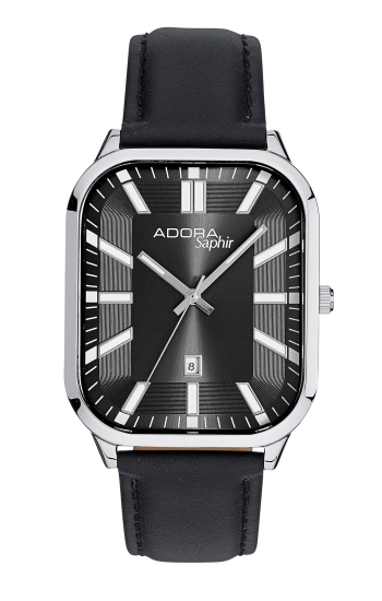 Adora Herrenuhr Saphirglas Datum Rechteckig Leder Schwarz AS4797