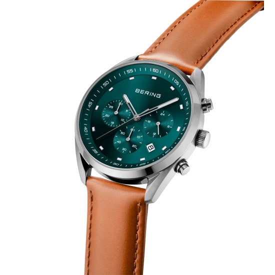Preview: Bering Herrenuhr Chrono Saphirglas Datum Leder Grün 10BAR 19240-508