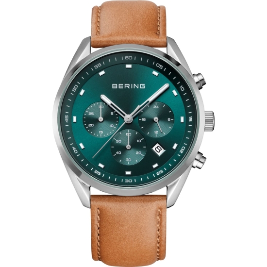 Bering Herrenuhr Chrono Saphirglas Datum Leder Grün 10BAR 19240-508