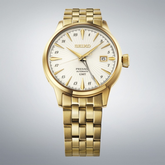 Preview: Seiko Presage Cocktail Herrenuhr Automatik GMT Datum Goldfarben HCB004J1