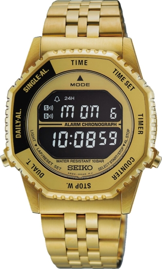 Seiko Herrenuhr "Rotocall“ Digital Alarm 10BAR Goldfarben 37mm HFL003P1