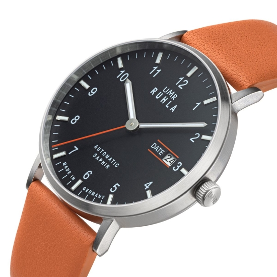 Preview: UMR Ruhla Herrenuhr Automatik Saphirglas Leder Orange 40mm 80496