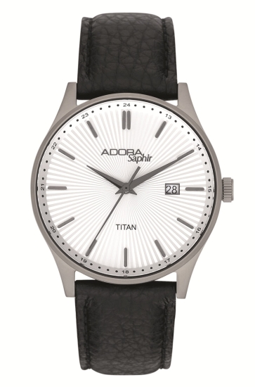 Adora Herrenuhr Titan Quarz Saphirglas Datum Leder Schwarz 38mm AS4859