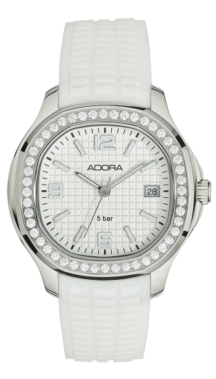 Adora Damenuhr Edelstahl Datum Quarz Silikon Weiß 38mm AT5816