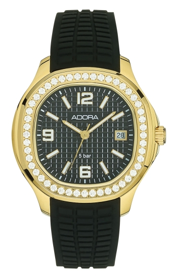 Adora Damenuhr Edelstahl Datum Goldfarben Silikon Schwarz 38mm AT5817
