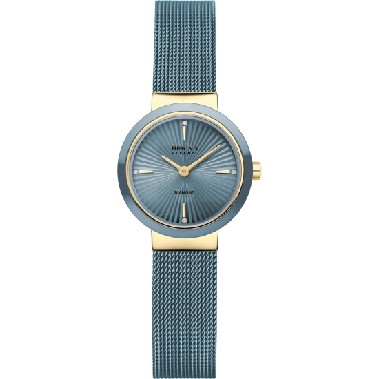 Bering Damenuhr Edelstahl Saphirglas Milanaise Blau Goldfarben 25mm 10725-339