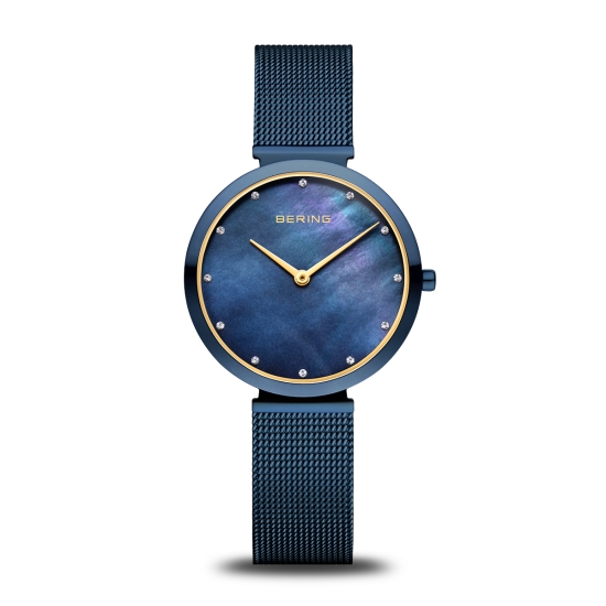 Bering Damenuhr Saphirglas Blau Milanaise Flach 18132-399