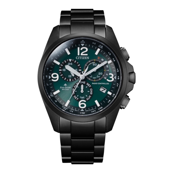 Citizen Herrenuhr Funkuhr Solar Saphirglas Schwarz Grün 20BAR CB5925-82X