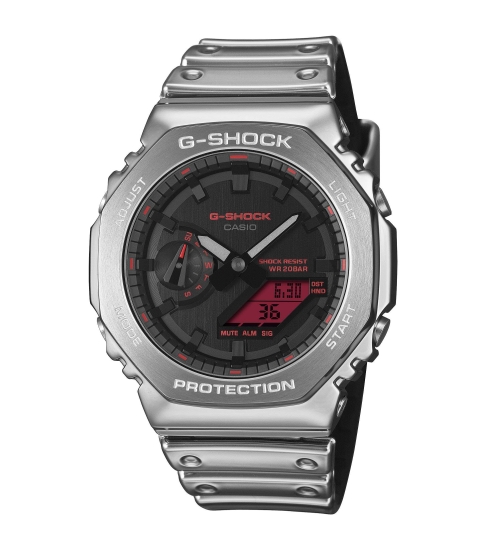 Casio G-SHOCK Uhr Metallic Herrenuhr Silberfarben Rot GM-2100YRA-8AER