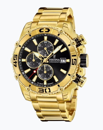 Festina Herrenuhr Chrono Datum Goldfarben Schwarz 10BAR 48mm F20492/4