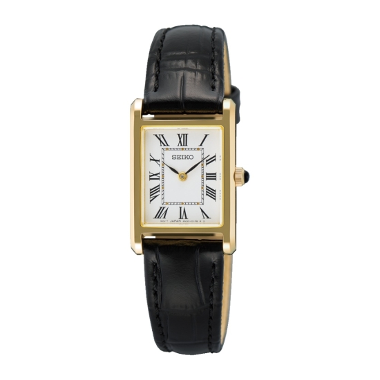 Seiko Damenuhr Quarz Rechteckig Saphirglas Goldfarben Leder SWR108P1