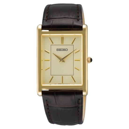 Seiko Herrenuhr Quarz Saphirglas Goldfarben Leder 5BAR SWR106P1