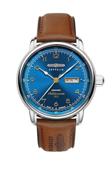 Zeppelin Herrenuhr Méditerranée Automatik Tag Datum Leder Blau 9664-3