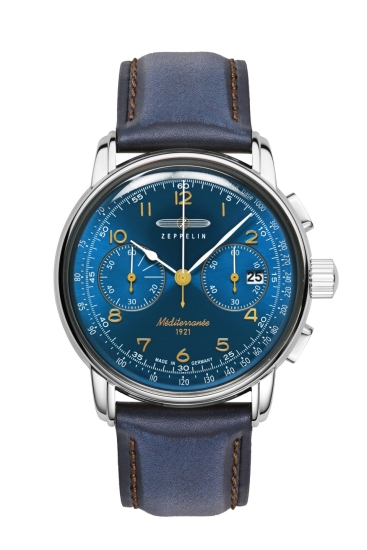 Zeppelin Herrenuhr Méditerranée Chronograph Leder Blau 42mm 9670-3