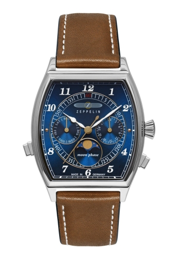 Zeppelin Herrenuhr Metropolis Mondphase Leder Blau Tonneau 8336-3