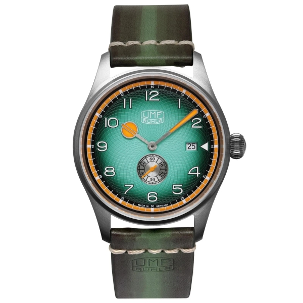 UMF Ruhla Herrenuhr Titan Saphirglas Datum Leder Grün 42mm 1134-4