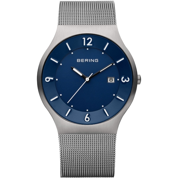Bering Herrenuhr Solar Saphirglas Datum Milanaise Grau Blau 40mm 14440-007