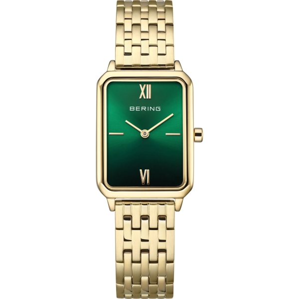Bering Damenuhr Edelstahl Saphirglas Rechteckig Goldfarben Grün 17423-738