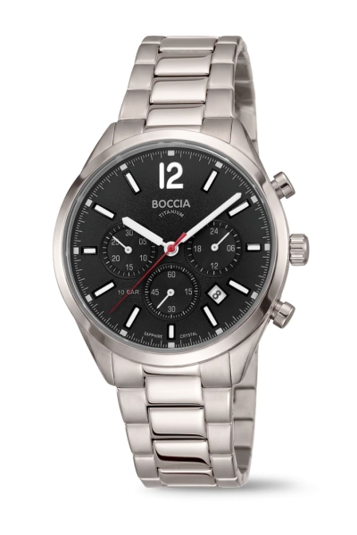 Boccia Titanium Herrenuhr Chrono Datum Saphirglas Schwarz 10BAR 3732-01