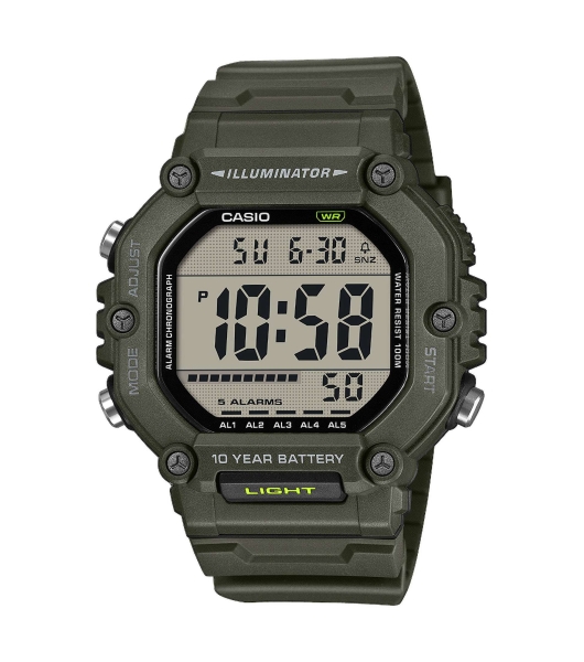 Casio Herrenuhr Digital Licht Alarm 10BAR Groß Grün langes Band AE-1600HX-3AVEF