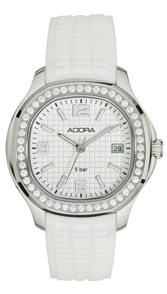 Adora Damenuhr Edelstahl Datum Quarz Silikon Weiß 38mm AT5816