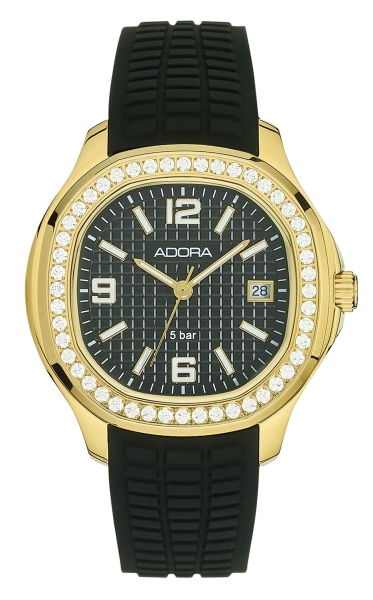 Adora Damenuhr Edelstahl Datum Goldfarben Silikon Schwarz 38mm AT5817
