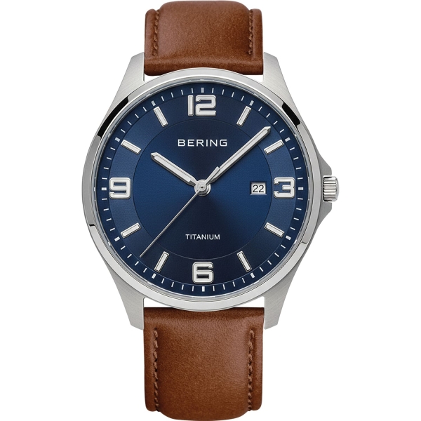 Bering Herrenuhr Titan Saphirglas Blau Datum Leder 40mm 16040-507