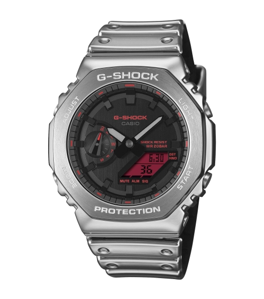 Casio G-SHOCK Uhr Metallic Herrenuhr Silberfarben Rot GM-2100YRA-8AER