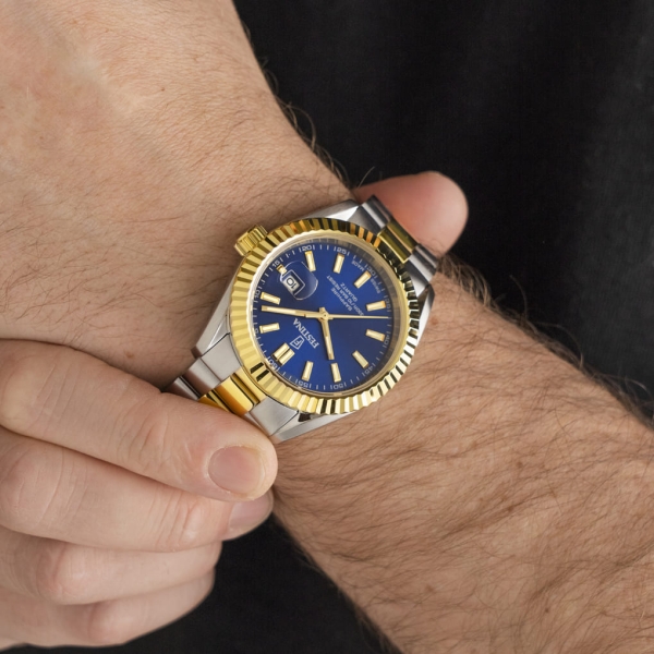 Festina Herrenuhr Edelstahl Datum Saphirglas Bicolor Blau 40mm F20085/B