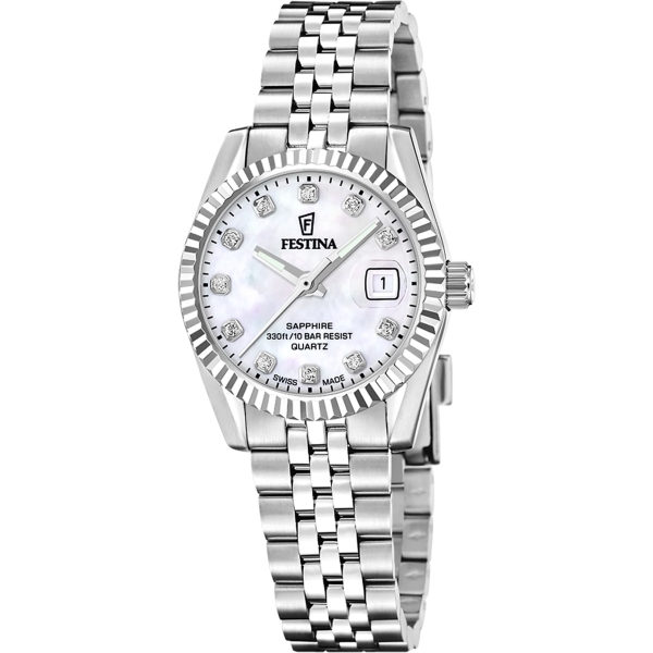 Festina Damenuhr Edelstahl Datum Saphirglas 10BAR Perlmutt 29mm F20087/1