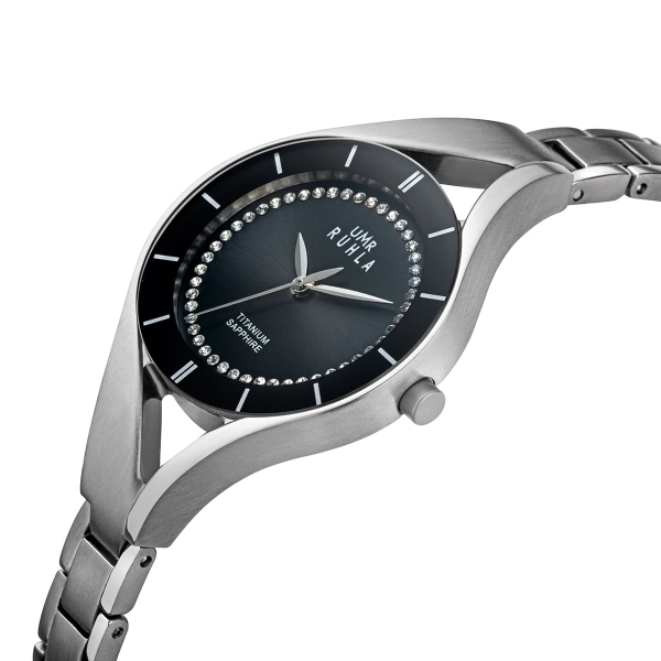 UMR Ruhla Damenuhr Titan Halbspange Saphirglas Schwarz 29mm 26116