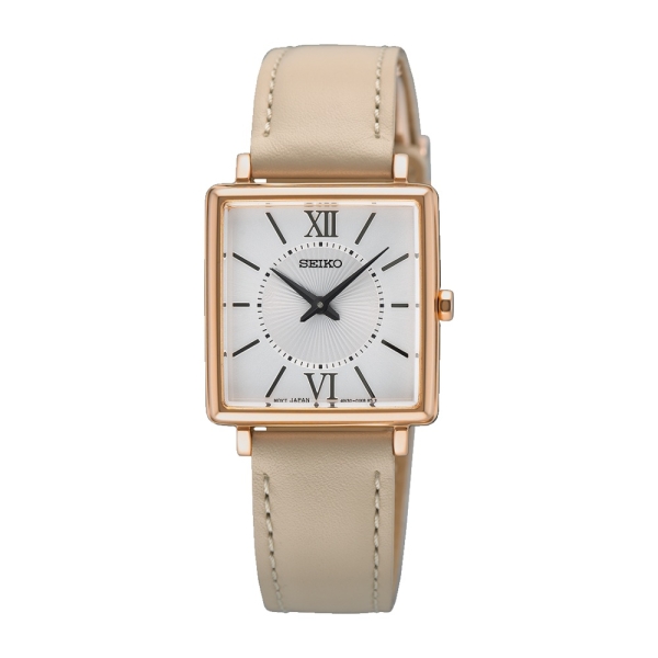 Seiko Damenuhr Quarz Rechteckig Edelstahl Rosé Lederband SWR114P1