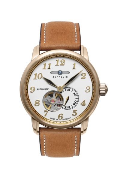Zeppelin Herrenuhr Automatik Offene Unruh Rosé Leder Braun 7664-1