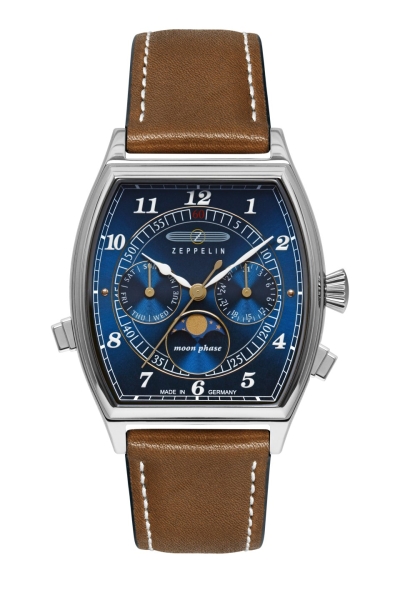 Zeppelin Herrenuhr Metropolis Mondphase Leder Blau Tonneau 8336-3